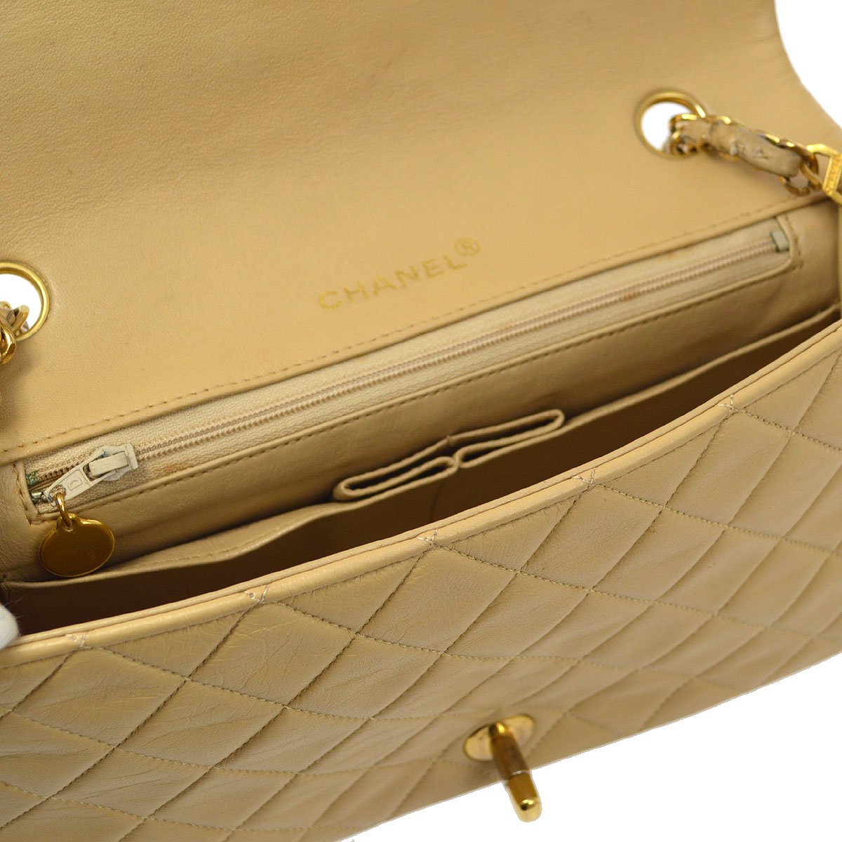 CHANEL 1989-1991 Turnlock Full Flap Small Beige Lambskin 60396