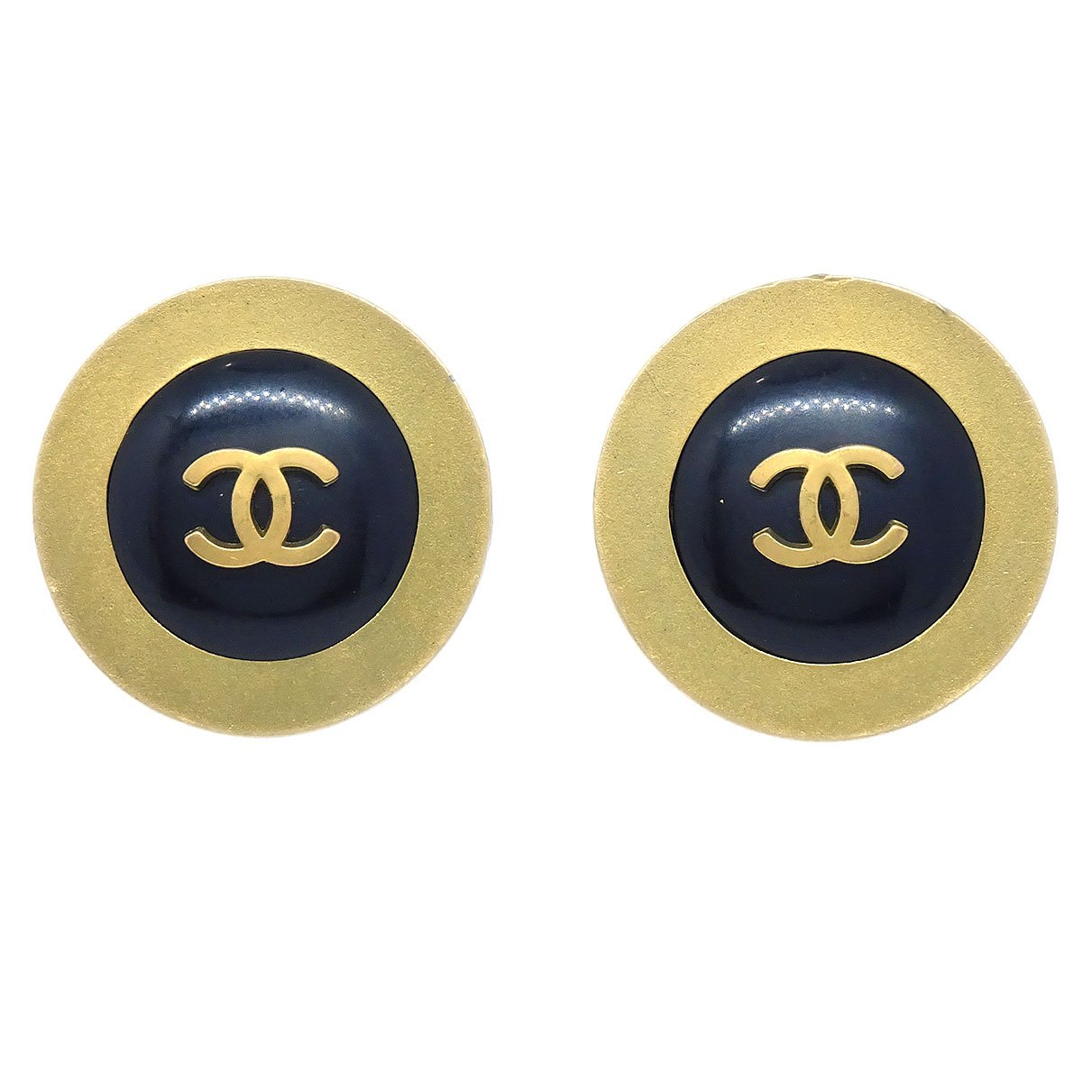 CHANEL 1994 Button Earrings Gold Black Clip-On 60428