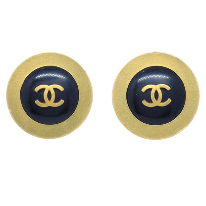 CHANEL 1994 Button Earrings Gold Black Clip-On 60428