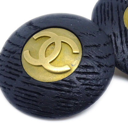 CHANEL Button Earrings Gold Black Clip-On 94P 60169