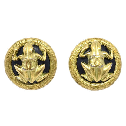 CHANEL 1994 Frog Earrings Gold Black Clip-On 60419