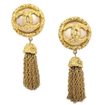 CHANEL 1993 Faux Pearl Filigree Tassel Earrings Clip-On 90646