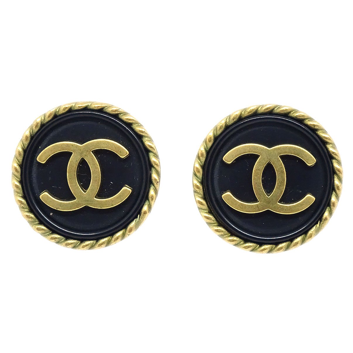 CHANEL 1994 Black & Gold CC Rope Edge Earrings 91492