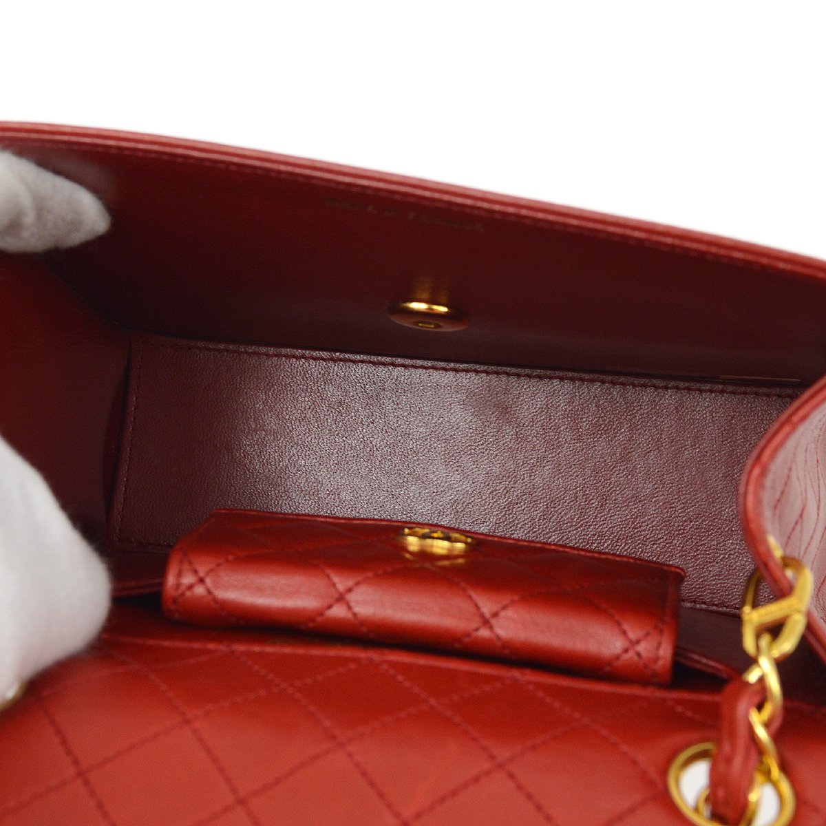 CHANEL 1989-1991 Red Lambskin Trapezoid Shoulder Bag & Pouch Set 61405