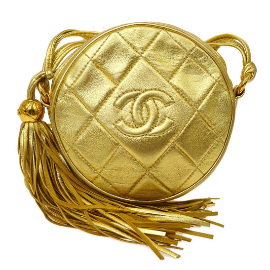 CHANEL 1989-1991 Diamond Round Shoulder Bag Gold Lambskin 82454