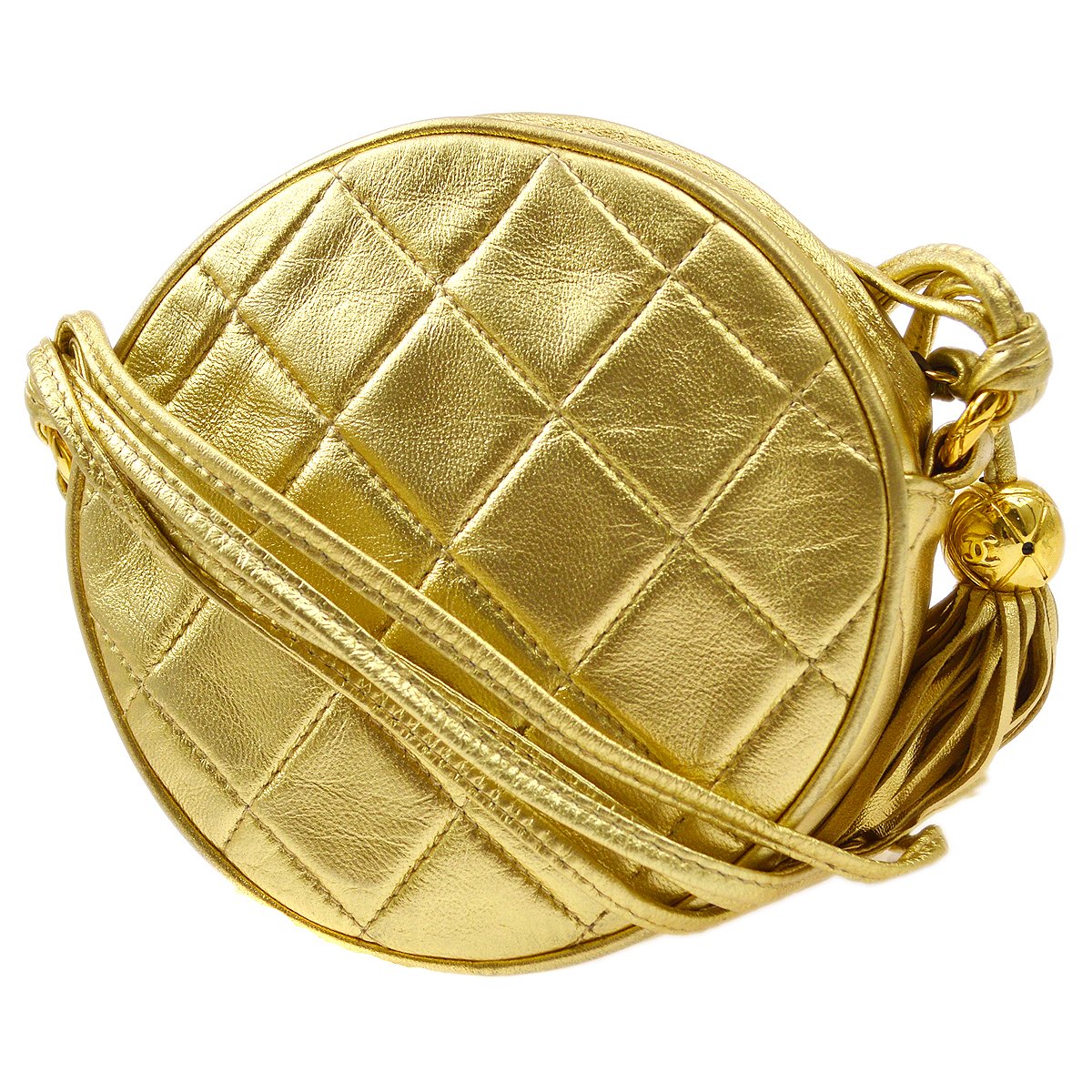 CHANEL 1989-1991 Diamond Round Shoulder Bag Gold Lambskin 82454