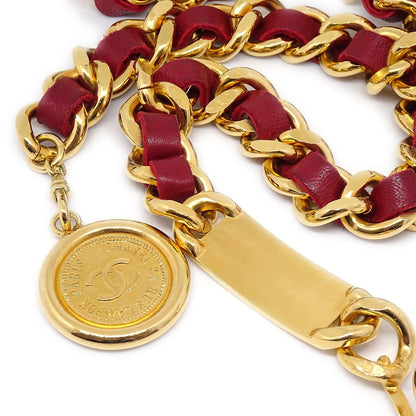 CHANEL★ Medallion Charm Gold Chain Belt Red Small Good 71643