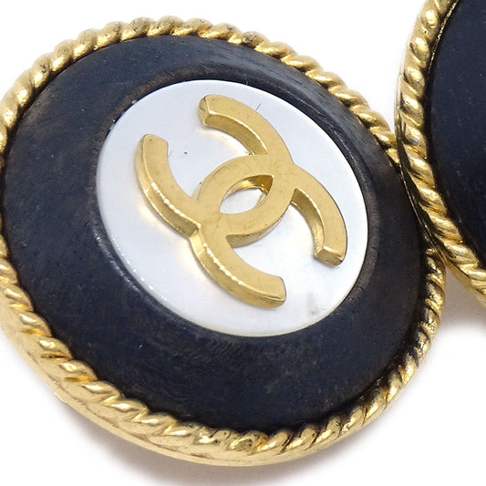 CHANEL 1993 Mother of Pearl Earrings Gold Black Clip-On 61981