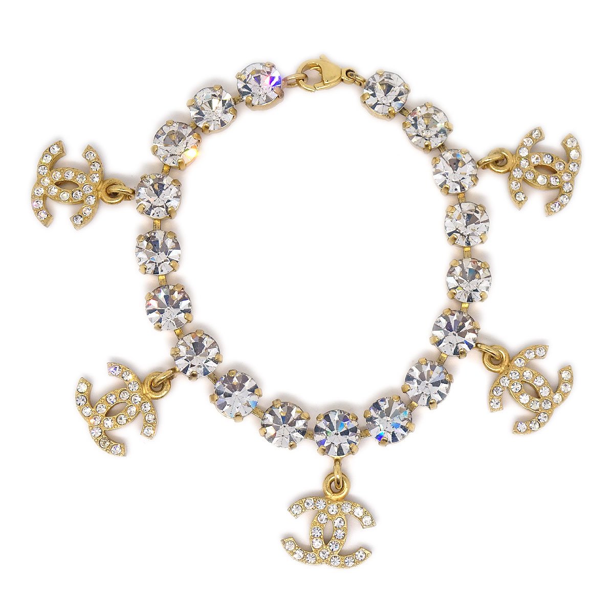 CHANEL Charm Rhinestone Gold Bracelet 95A 10034