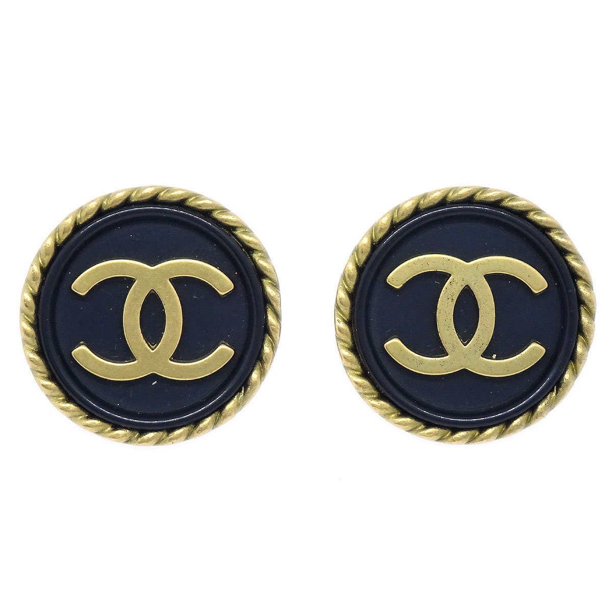 CHANEL 1994 Black & Gold CC Rope Edge Earrings 41547