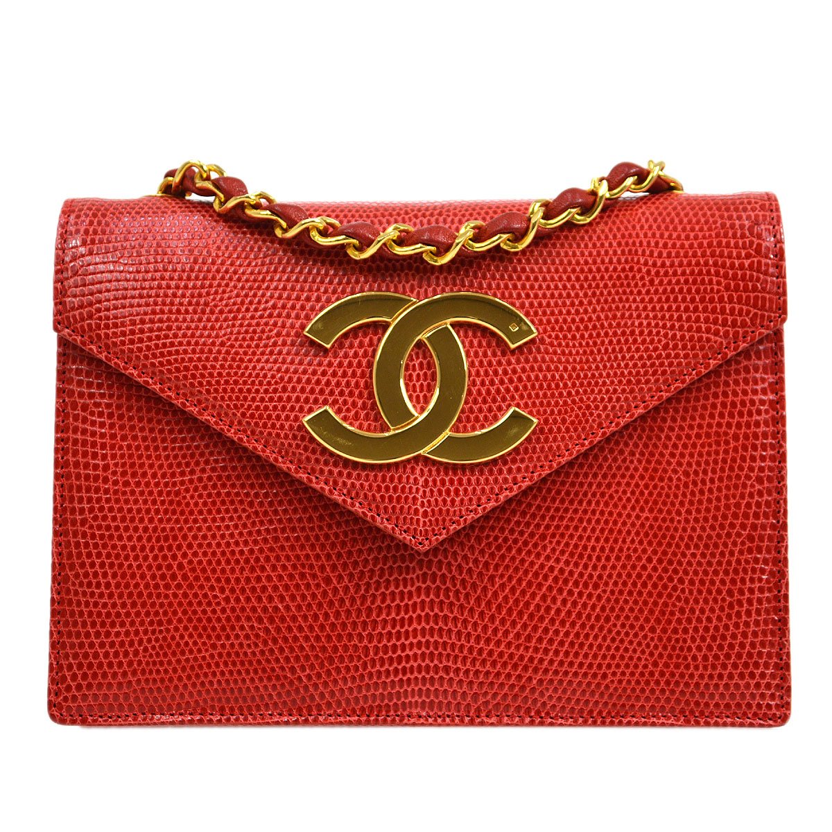 CHANEL 1989-1991 Red Lizard Letter Flap Bag 20633