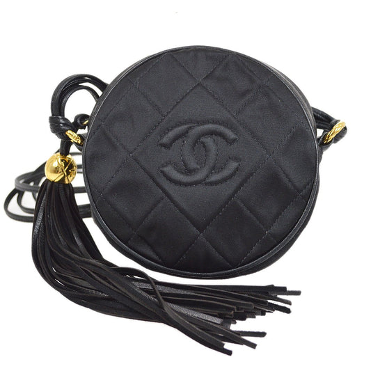 CHANEL 1989-1991 Round Shoulder Bag Black Satin G03836c