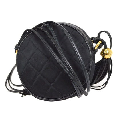 CHANEL 1989-1991 Round Shoulder Bag Black Satin G03836c