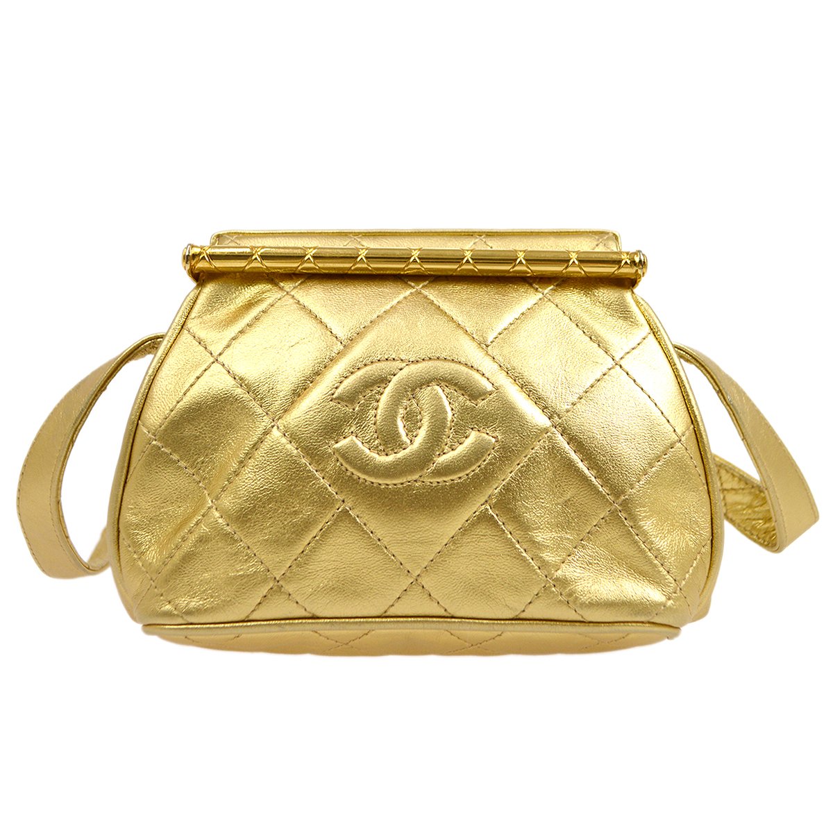 CHANEL 1989-1991 Gold Lambskin Quilted Pochette JT07220c