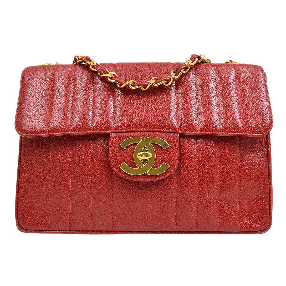 CHANEL 1991-1994 Red Caviar Skin Vertical Classic Flap Jumbo 10109