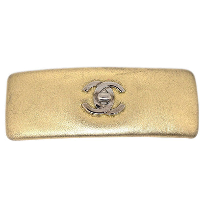 CHANEL 1986-1994 gold leather cc turnlock hair barrette clip 42541