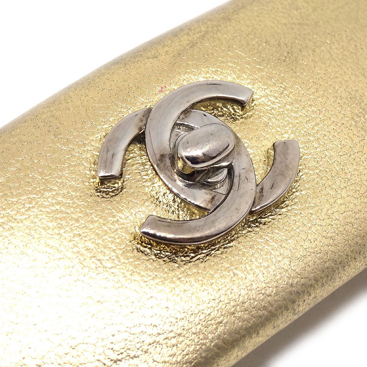 CHANEL 1986-1994 gold leather cc turnlock hair barrette clip 42541