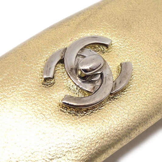 CHANEL 1986-1994 gold leather cc turnlock hair barrette clip 42541