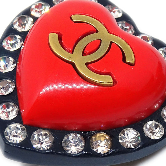 CHANEL Heart Rhinestone Earrings Clip-On Red Black 95P GS02310e