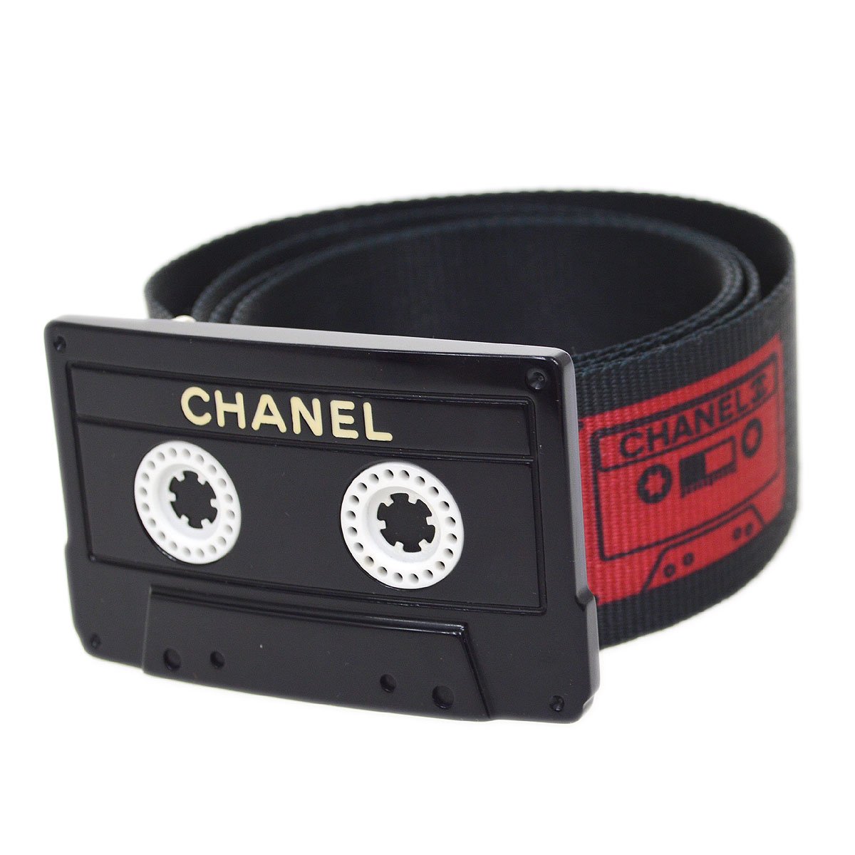 CHANEL 2004 Cassette Tape Belt Black Red Nylon #85 GS02299d