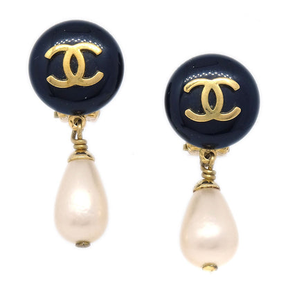 CHANEL Imitation Pearl Earrings Black 95P 01153