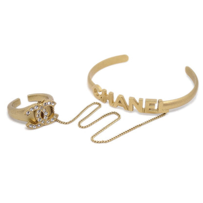 CHANEL 2001 Rhinestone Bangle Ring Gold #5.5 02656