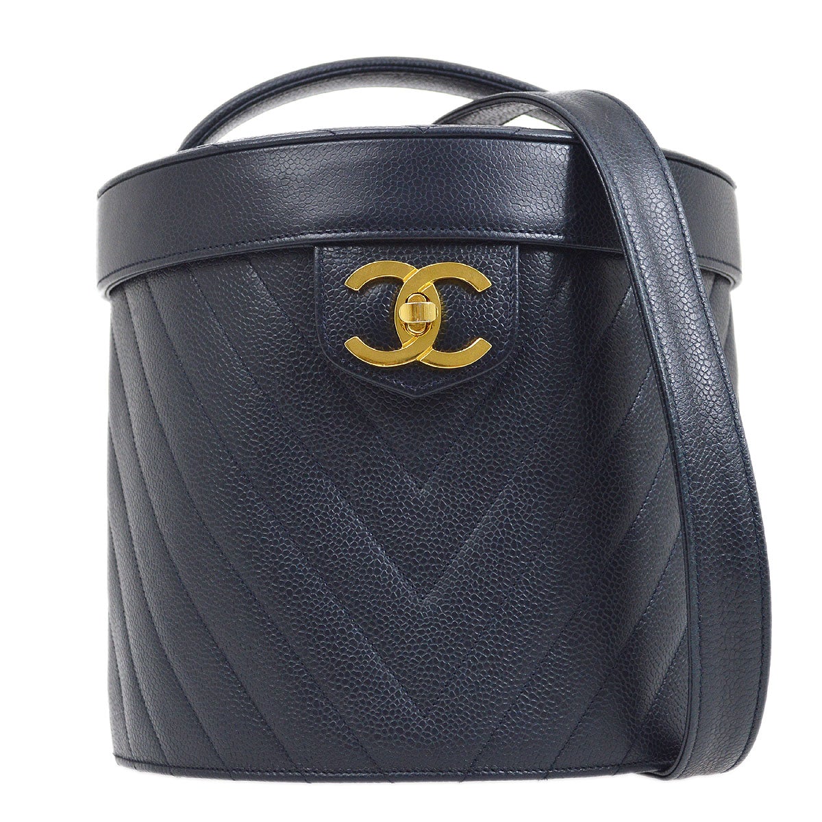 CHANEL 1990s Chevron Vanity Handbag Navy Caviar 02958