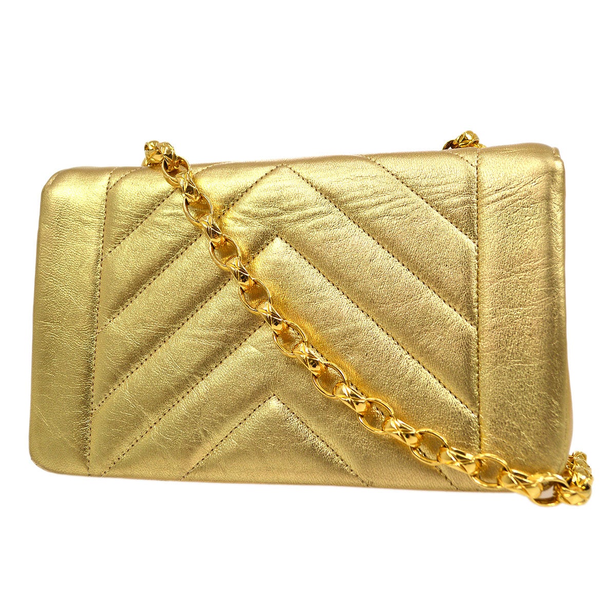 CHANEL 1991-1994 Gold Lambskin Chevron Faux Pearl CC Flap Bag 21672