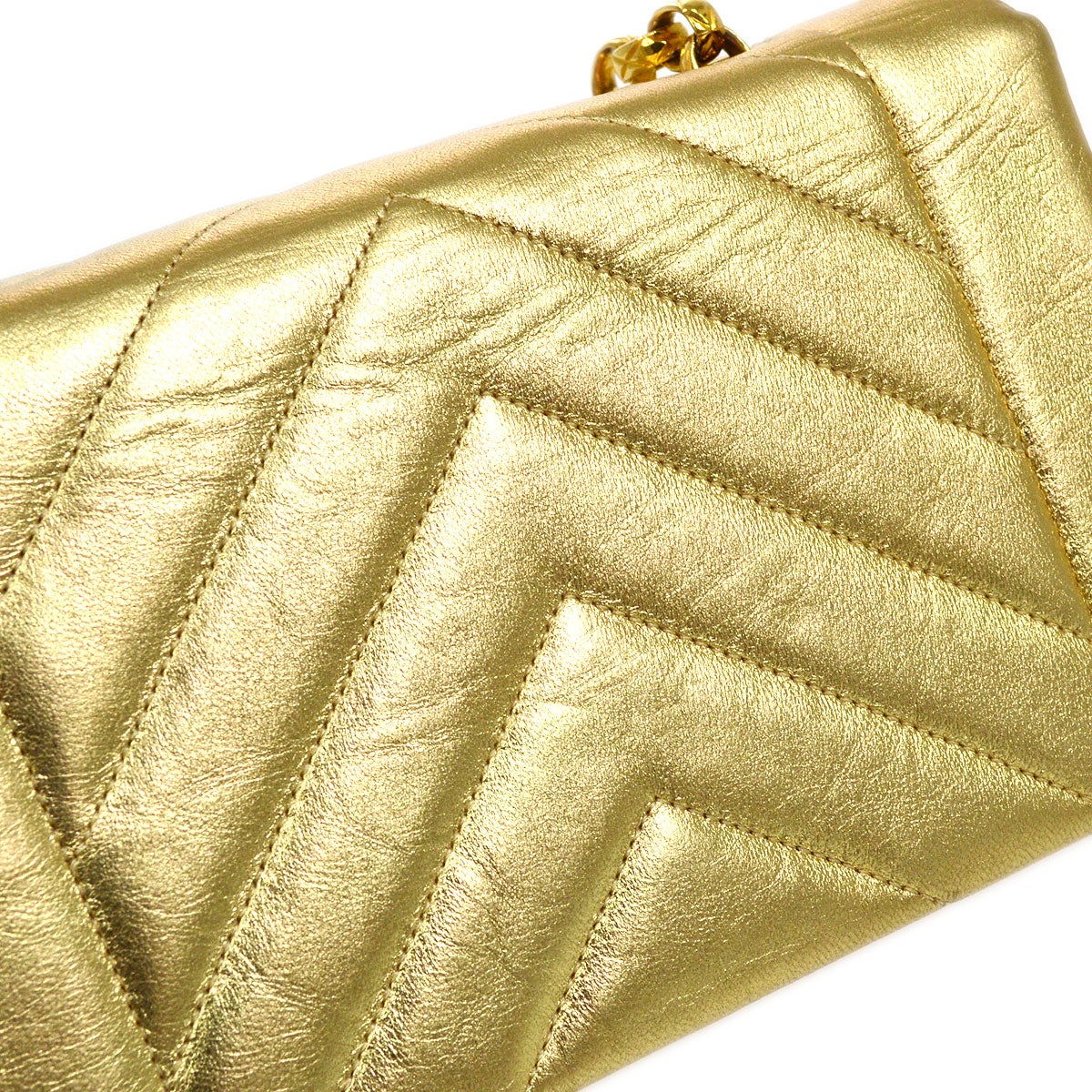 CHANEL 1991-1994 Gold Lambskin Chevron Faux Pearl CC Flap Bag 21672