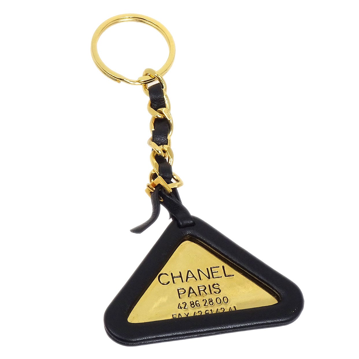 CHANEL 94P Triangle Gold Chain Key Ring Bag Charm Gold Black Small Good 50050