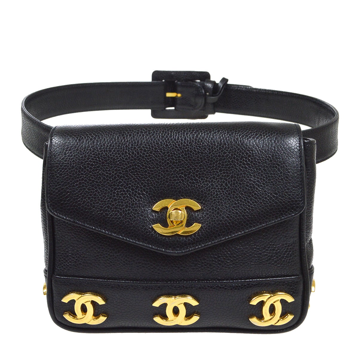 CHANEL 1991-1994 Black Caviar Triple CC Belt Bag #75 00721