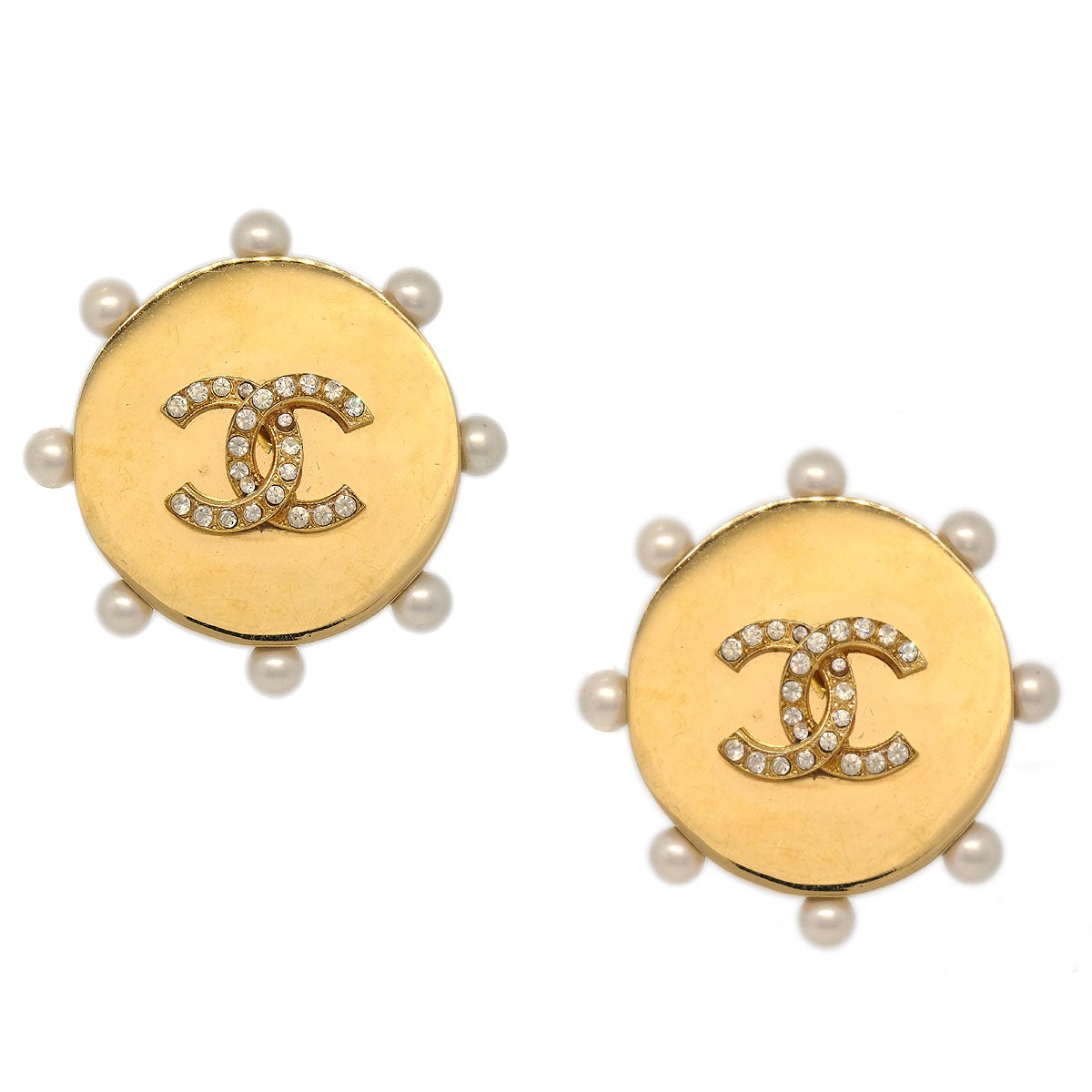 CHANEL 1980s Faux Pearl & Crystal CC Earrings 43521