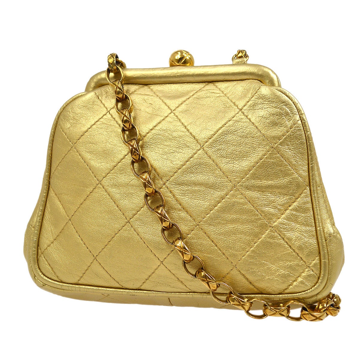 CHANEL 1989-1991 Chain Shoulder Bag Gold Lambskin A41412e