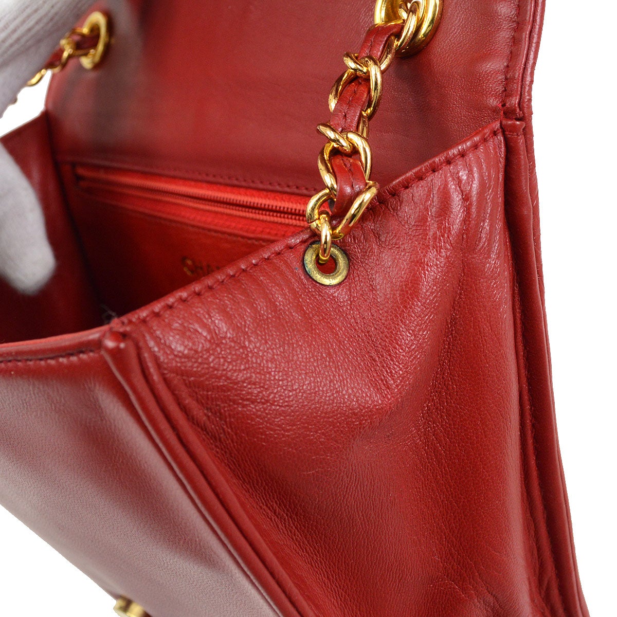 CHANEL 1989-1991 Red Lambskin Full Flap Chain Shoulder Bag AK31791h