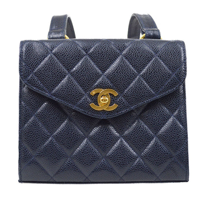 CHANEL 1991-1994 Quilted Shoulder Bag Navy Caviar Skin 13215