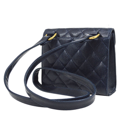 CHANEL 1991-1994 Quilted Shoulder Bag Navy Caviar Skin 13215