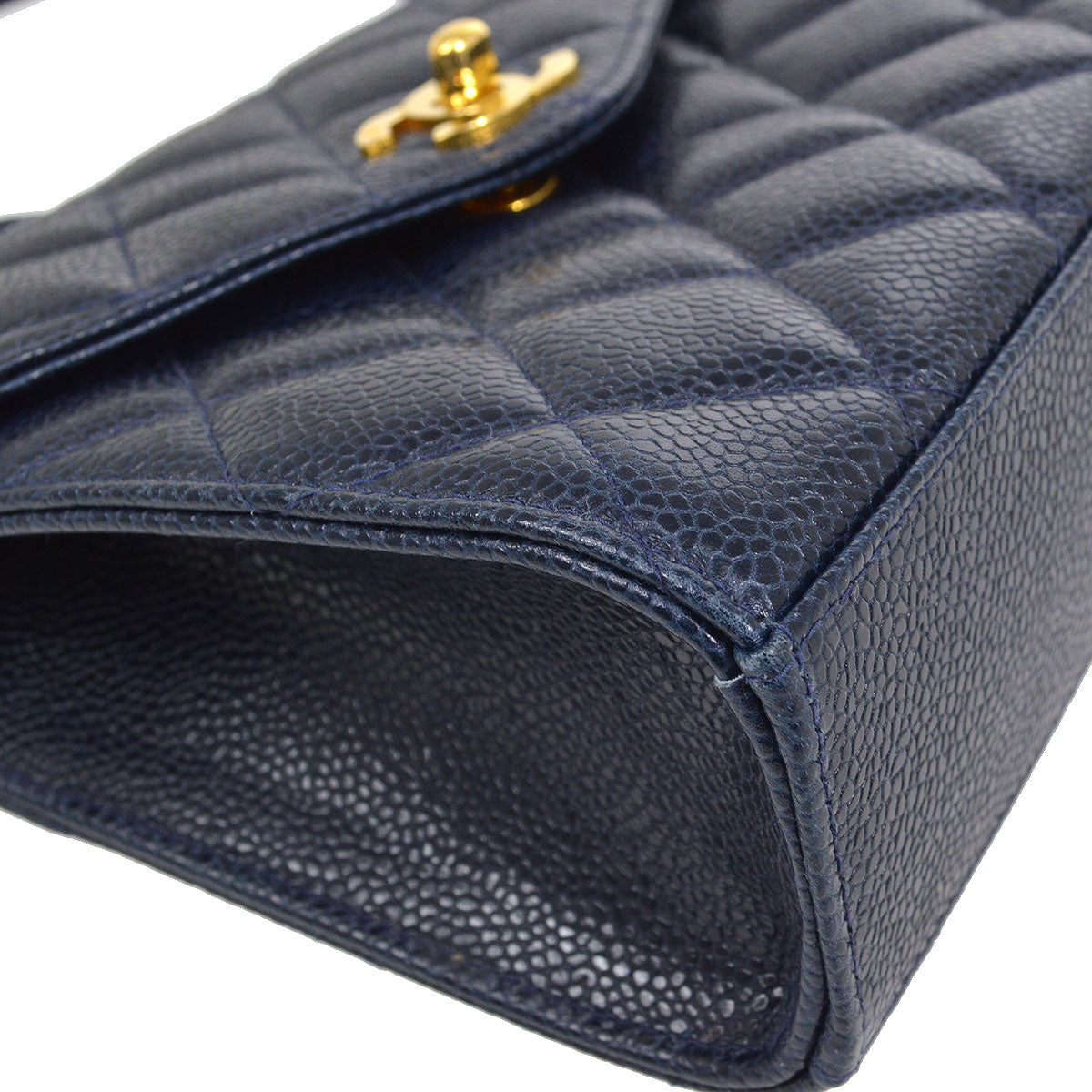 CHANEL 1991-1994 Quilted Shoulder Bag Navy Caviar Skin 13215