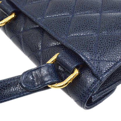 CHANEL 1991-1994 Quilted Shoulder Bag Navy Caviar Skin 13215