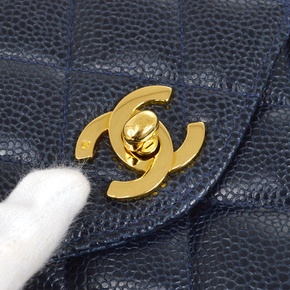 CHANEL 1991-1994 Quilted Shoulder Bag Navy Caviar Skin 13215