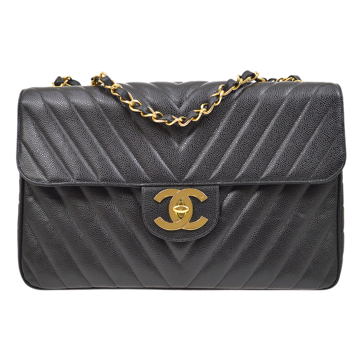 CHANEL 1991-1994 Black Caviar Chevron Classic Flap Bag Maxi AK37964d