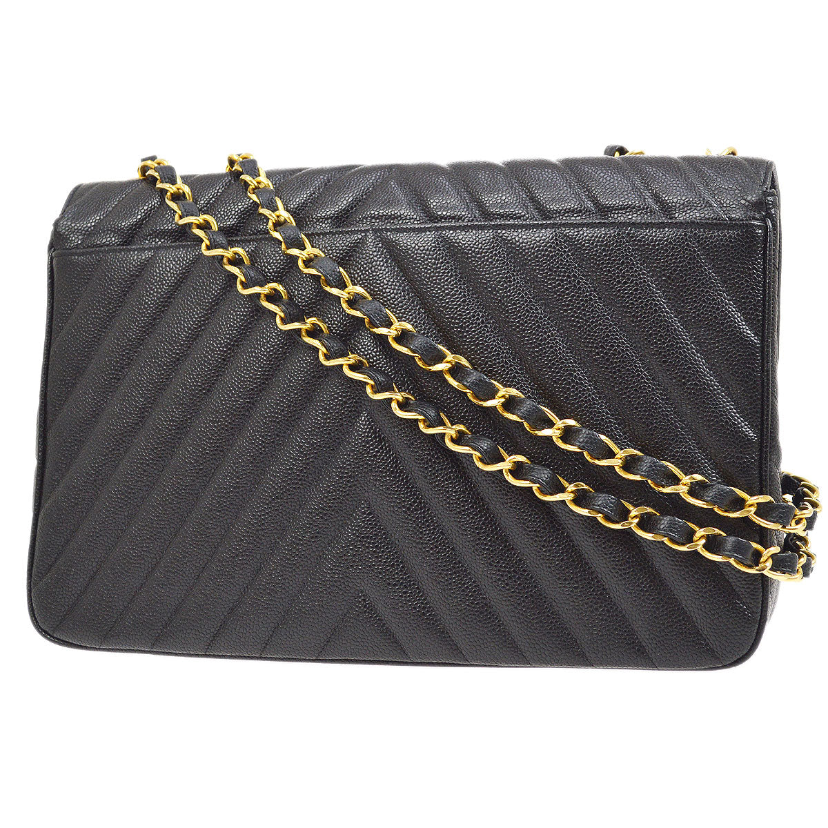 CHANEL 1991-1994 Black Caviar Chevron Classic Flap Bag Maxi AK37964d