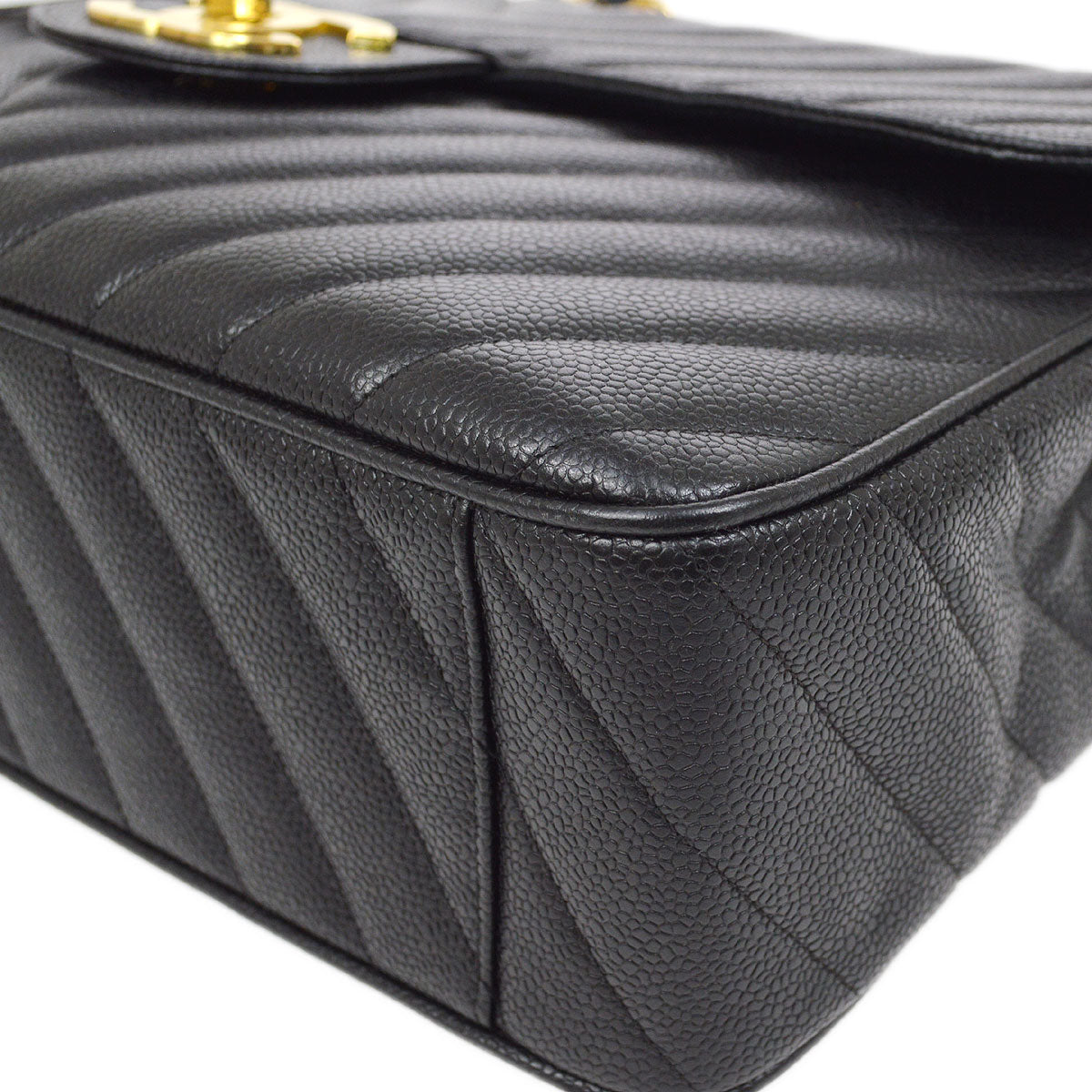 CHANEL 1991-1994 Black Caviar Chevron Classic Flap Bag Maxi AK37964d