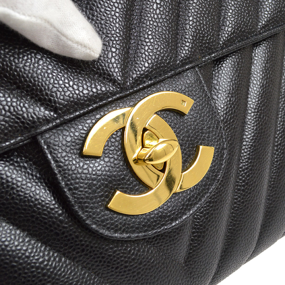 CHANEL 1991-1994 Black Caviar Chevron Classic Flap Bag Maxi AK37964d