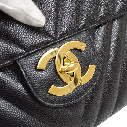 CHANEL 1991-1994 Black Caviar Chevron Classic Flap Bag Maxi AK37964d