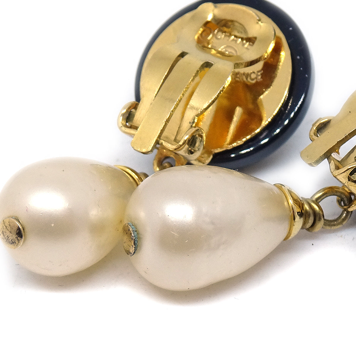 CHANEL Imitation Pearl Earrings Gold Black 95P 13243