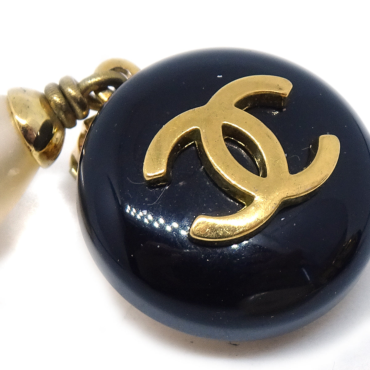 CHANEL Imitation Pearl Earrings Gold Black 95P 13243