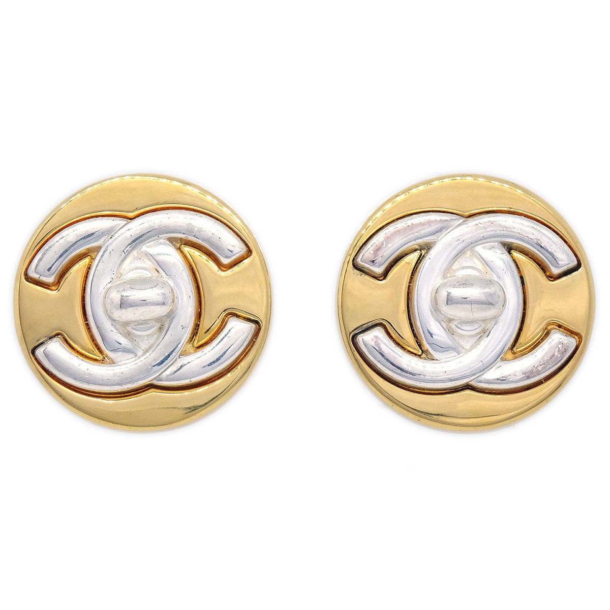 CHANEL 1997 Silver & Gold CC Turnlock Earrings Medium 13236