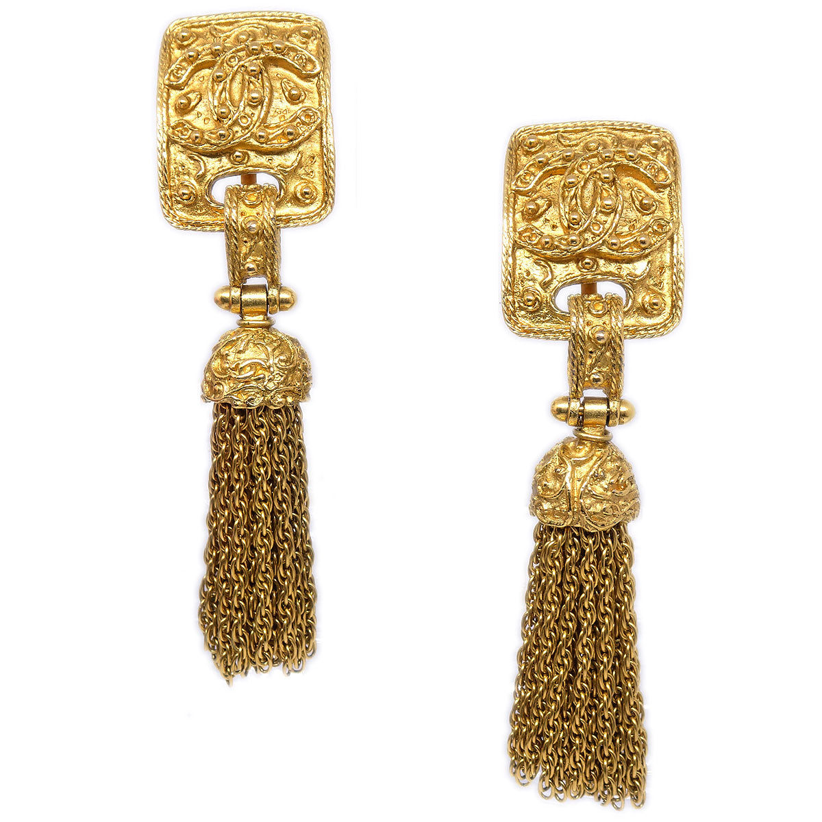 CHANEL 1994 Filigree Tassel Earrings Gold 13309