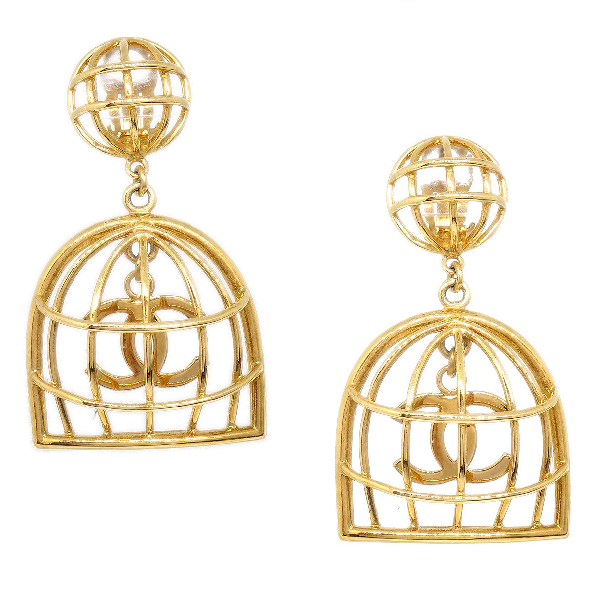 CHANEL★ Birdcage Dangle Earrings Clip-On Gold 93P 64503