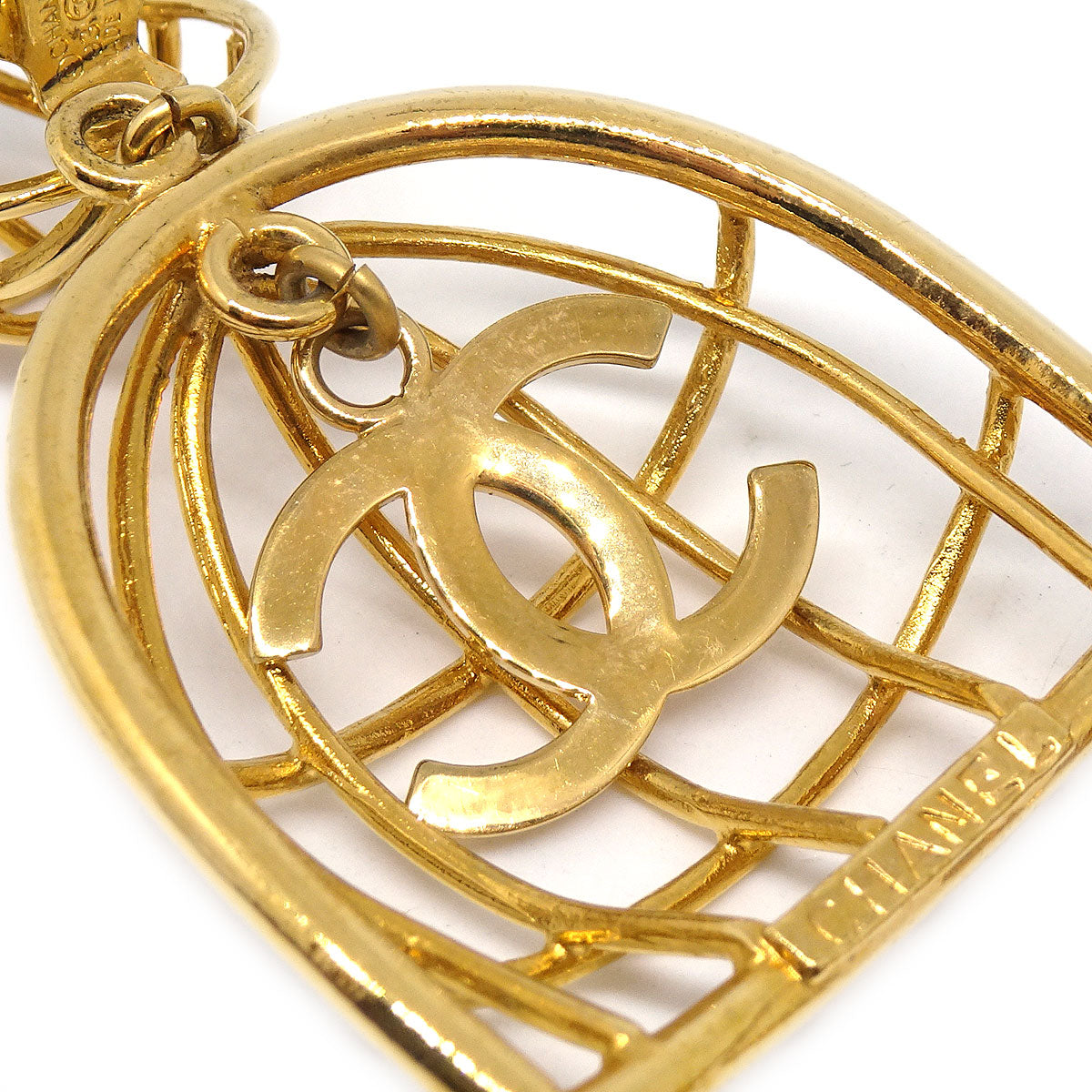 CHANEL★ Birdcage Dangle Earrings Clip-On Gold 93P 64503